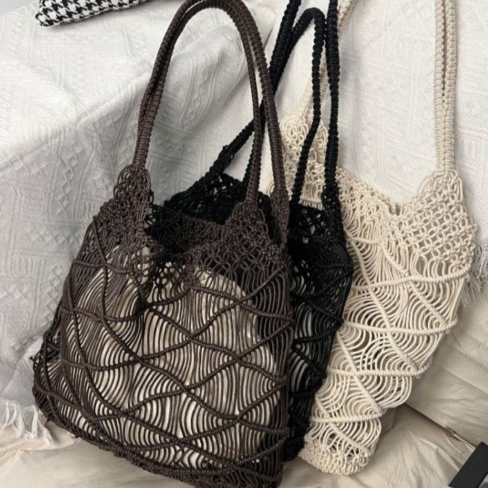 Open Weave Waxed Rope Beach Bag Large Straw Tote N6F116
