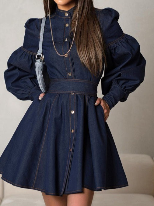 Denim Shirt Dress with Lantern Sleeve and Tie Belt  N6C194