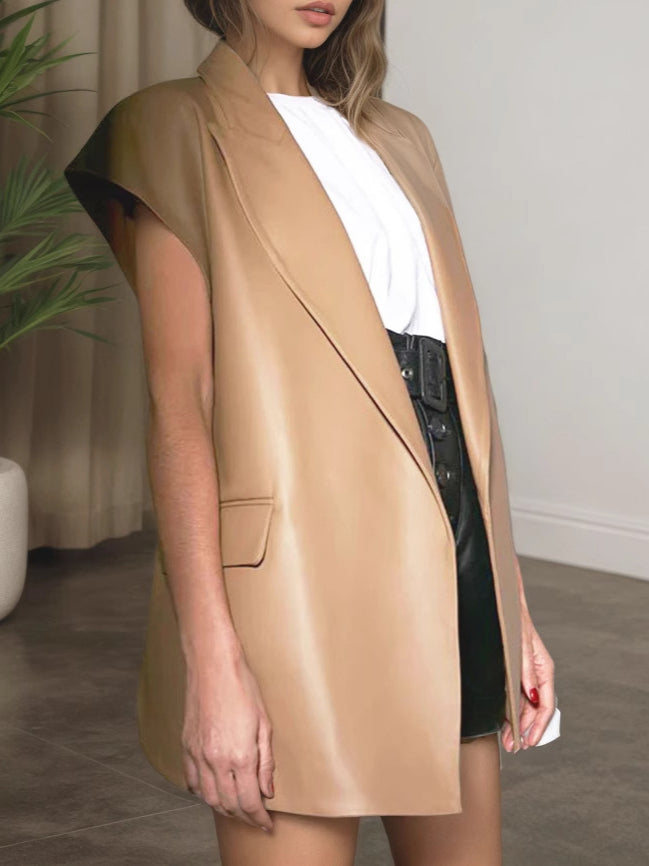 PU Notch Belted Vest Sleeveless Shearling Mid Weight  N5Z620