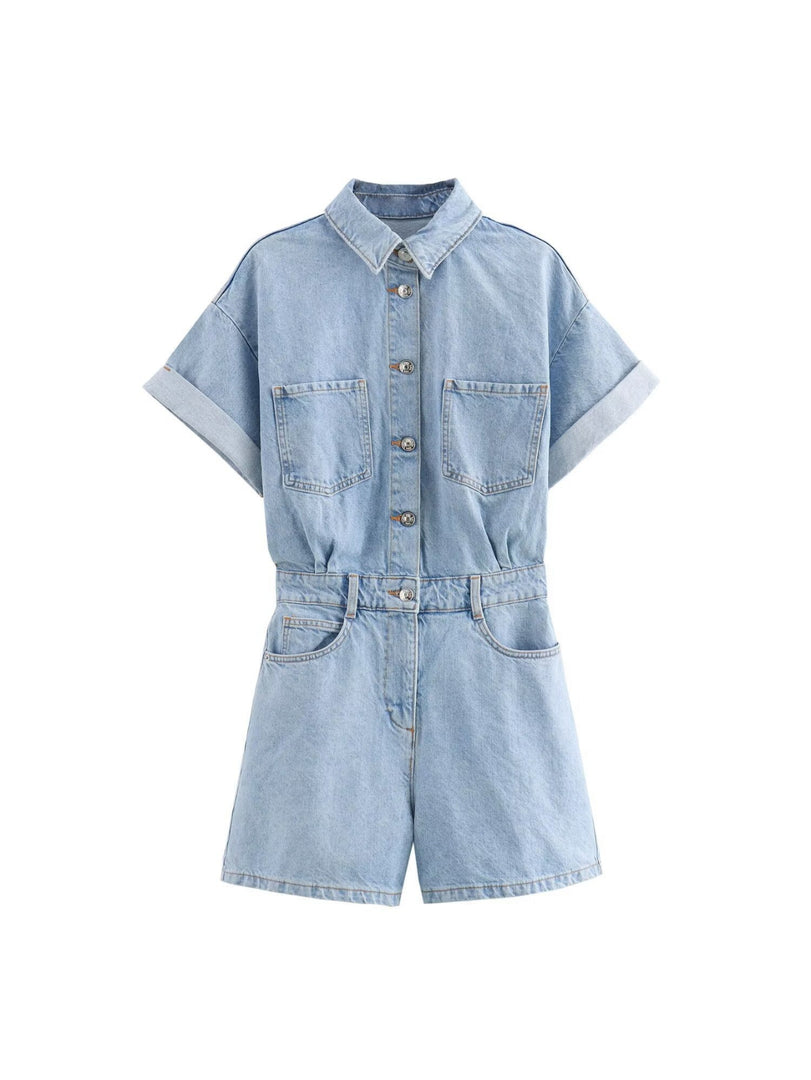 Pocket Detail Denim Short Jumpsuit Women Casual N6F213