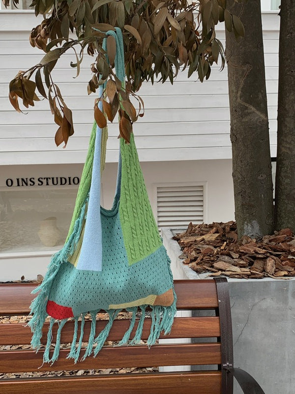 Crochet Fringe Color Block Tote Bag Women N6C046