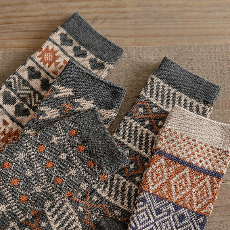 Vintage Ethnic Double Needle Thick Mid-Calf Socks N6H034