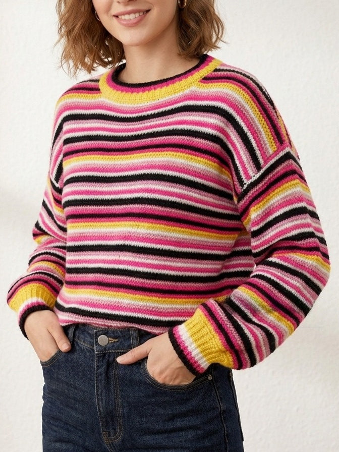 Striped Round Neck Oversized Knit Pullover Women N6G184