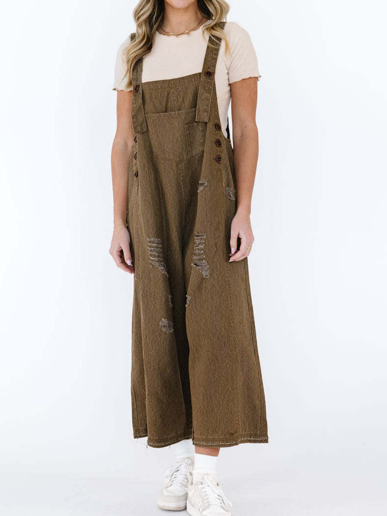 Vintage Distressed Wide Leg Denim Overalls Women N6D150