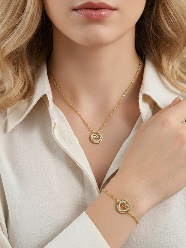 Copper Gold Plated MOM Heart Zircon Bracelet Necklace N6D523