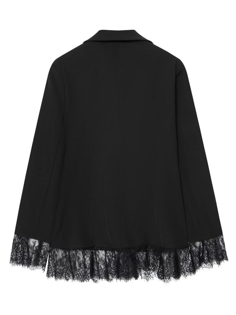 Lace Patchwork Waist Slim Blazer Women Black White N5A485