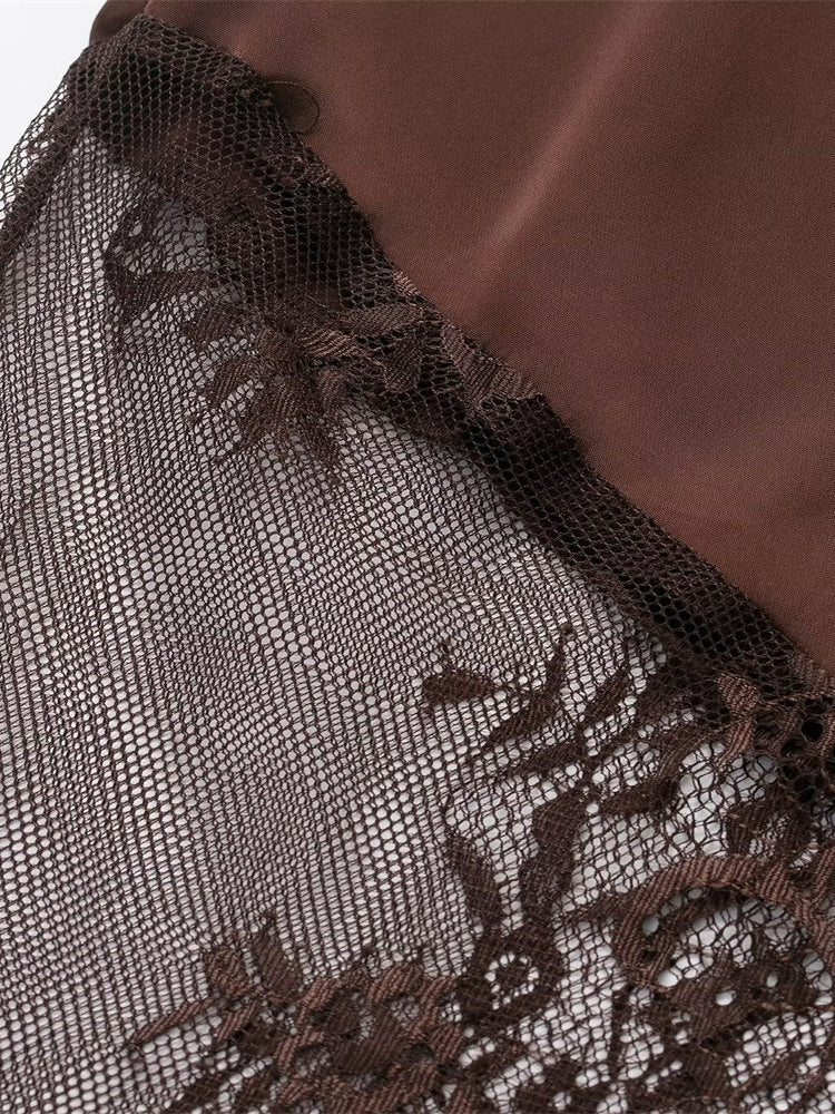 Lace Panel Midi Skirt Women Fashion N6F254