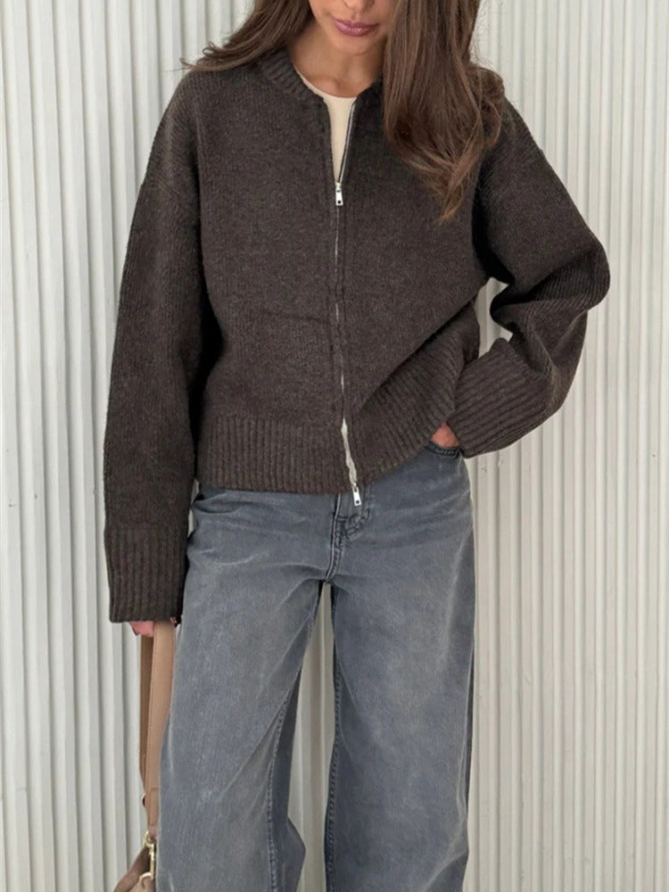 Simple Double Zip Round Neck Knit Cardigan Women N6G259