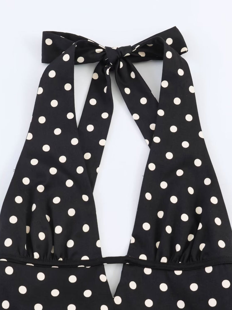 Polka Dot Halter Backless Dress Women Slim Fit N6F196