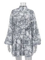 Load image into Gallery viewer, Ink Print Puff Sleeve Stand Collar A-line Dress Women N6C190