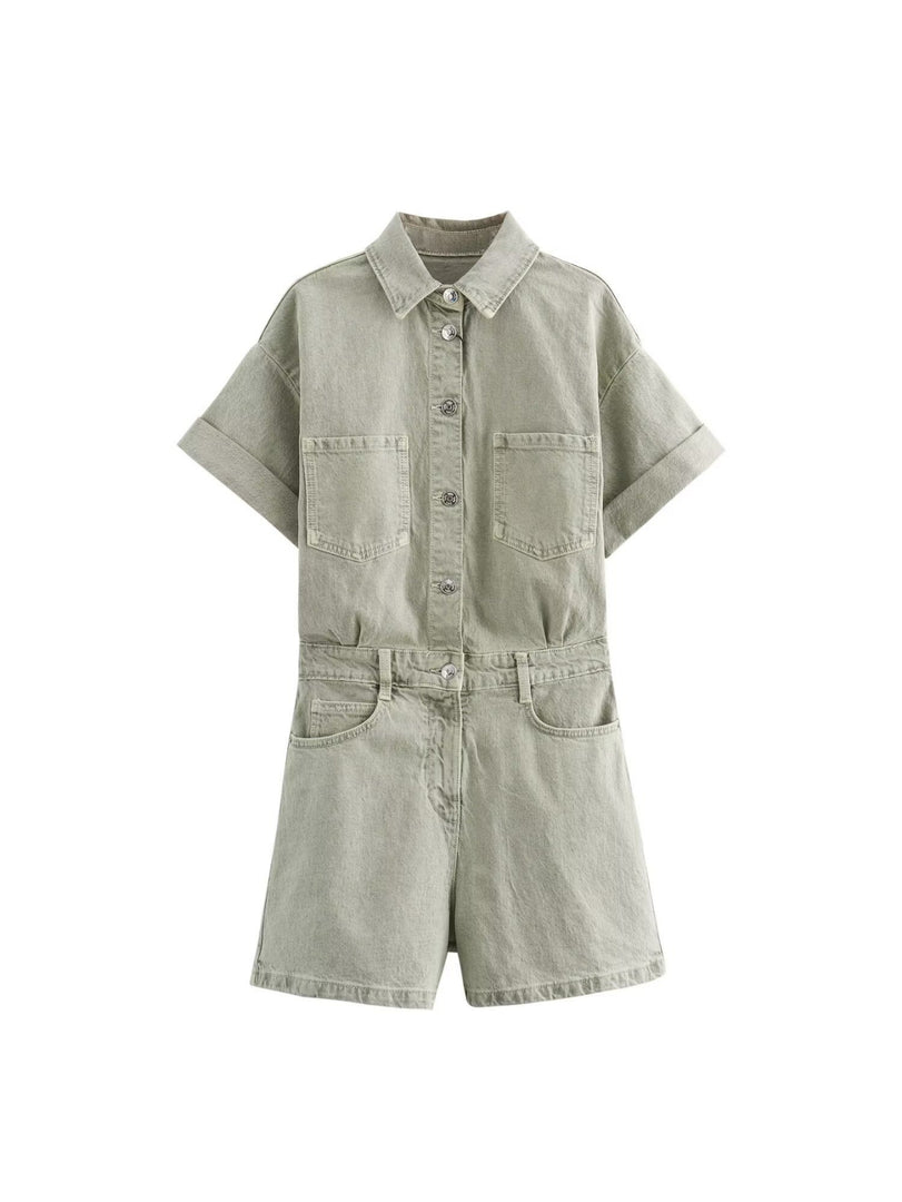Pocket Detail Denim Short Jumpsuit Women Casual N6F213