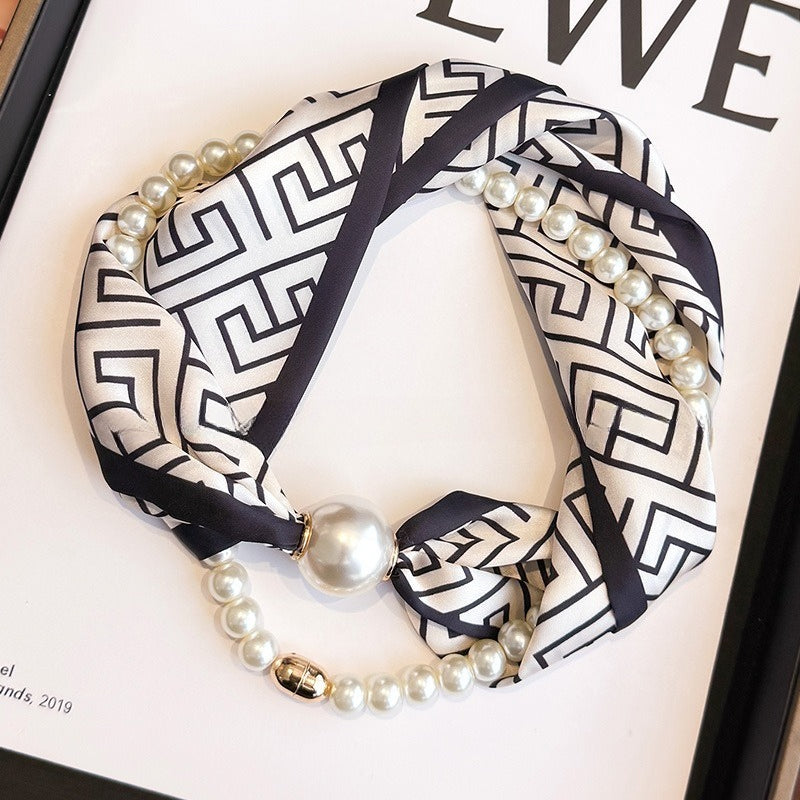 Womens Pearl Magnetic Clasp Floral Skinny Scarf N6K258