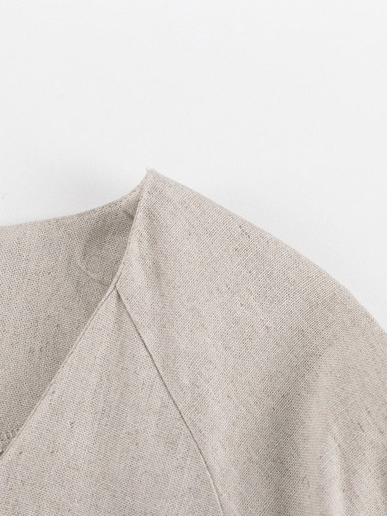 French V neck Lantern Sleeve Linen Blend Dress Women N6C208