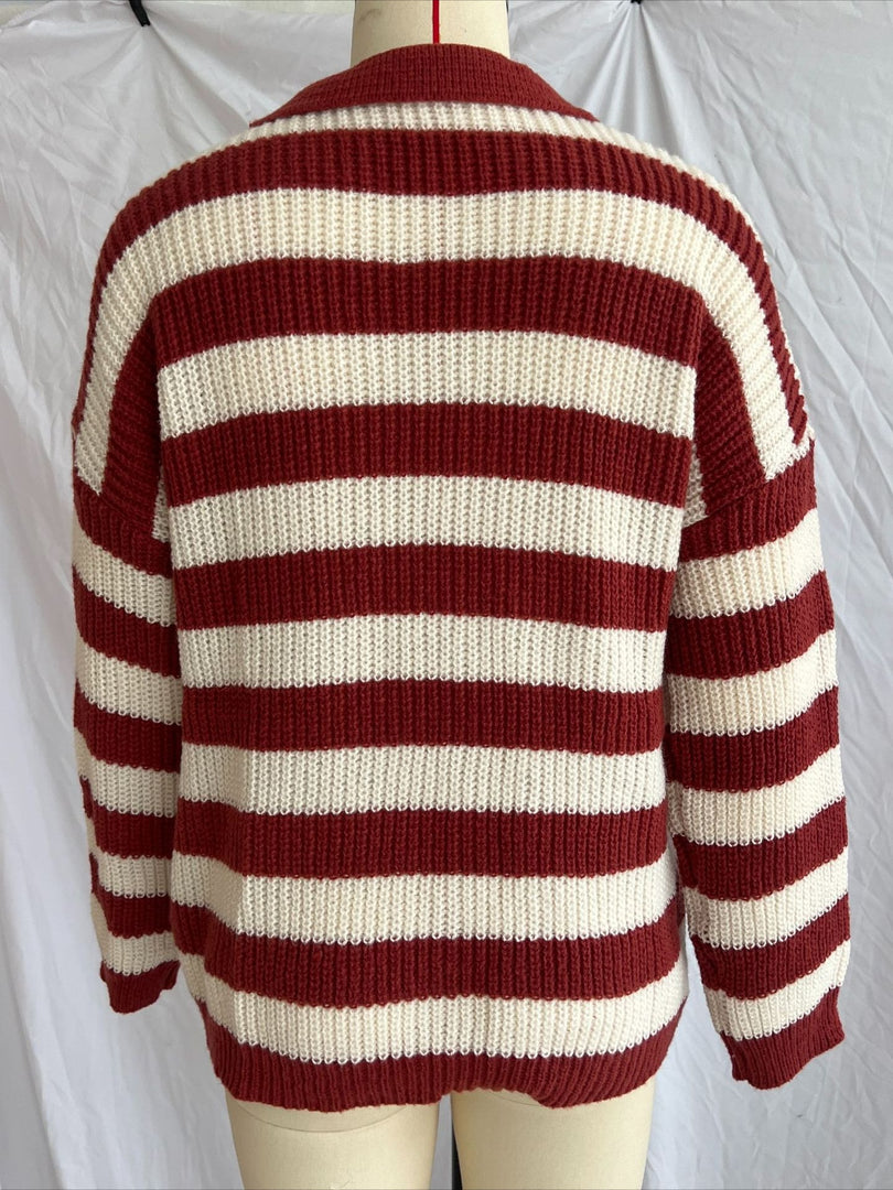 Color Block Striped Polo Collar Knit Pullover V-Neck N6G140