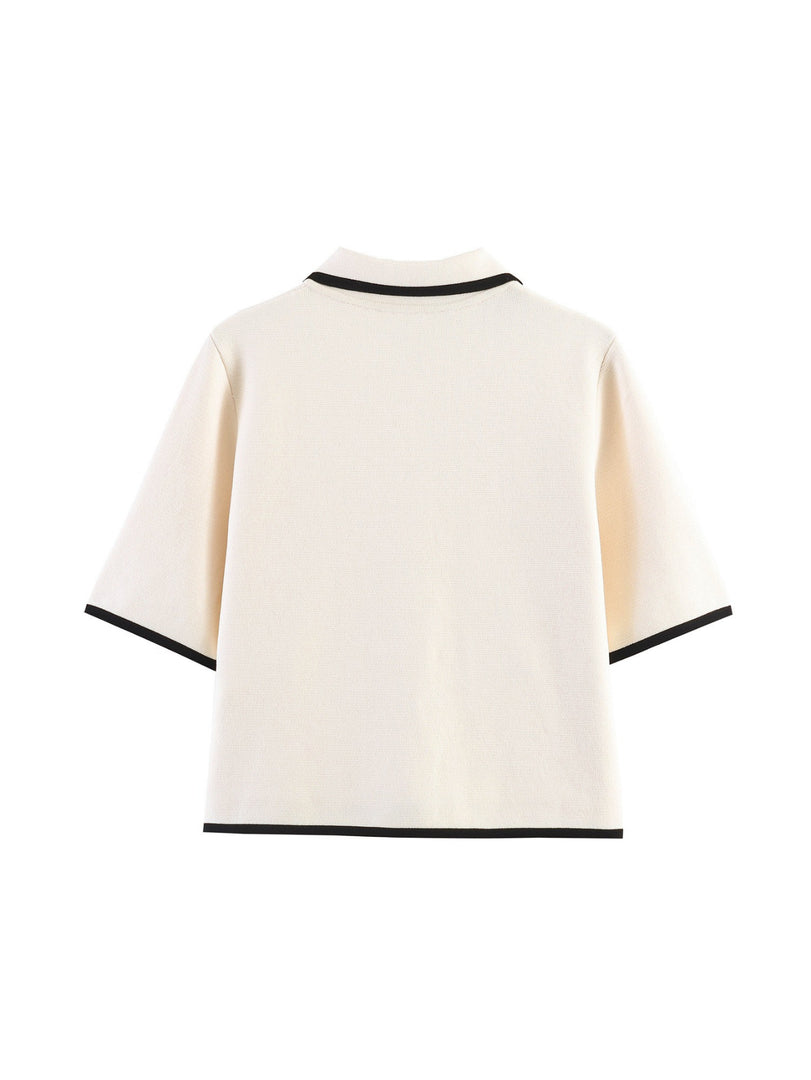 Color Block Trim Short Sleeve Knit Cardigan Women N6G158