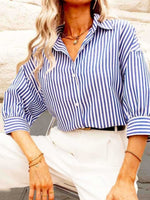 Load image into Gallery viewer, Blue Striped Mid Length Sleeve Blouse Women Vacation N6F229