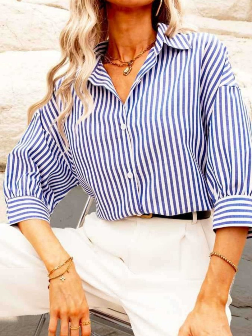 Blue Striped Mid Length Sleeve Blouse Women Vacation N6F229