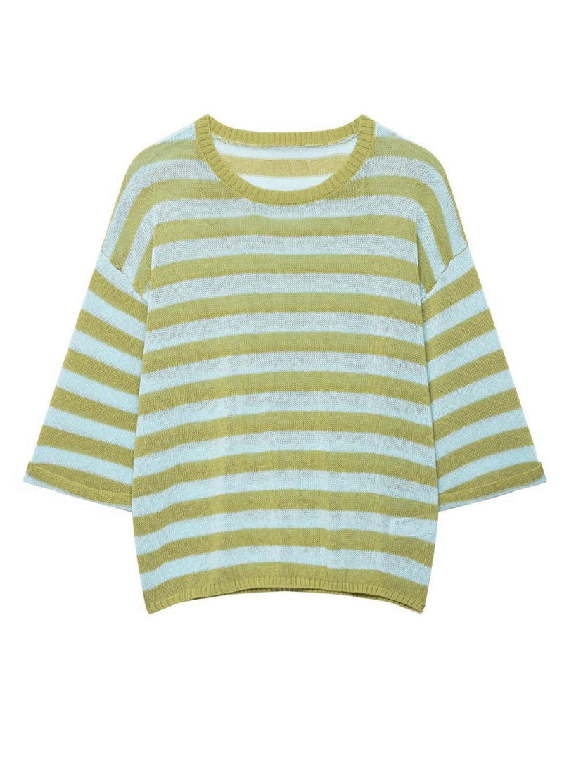Casual Striped Knit Top Round Neck Cap Sleeve Women N6G149