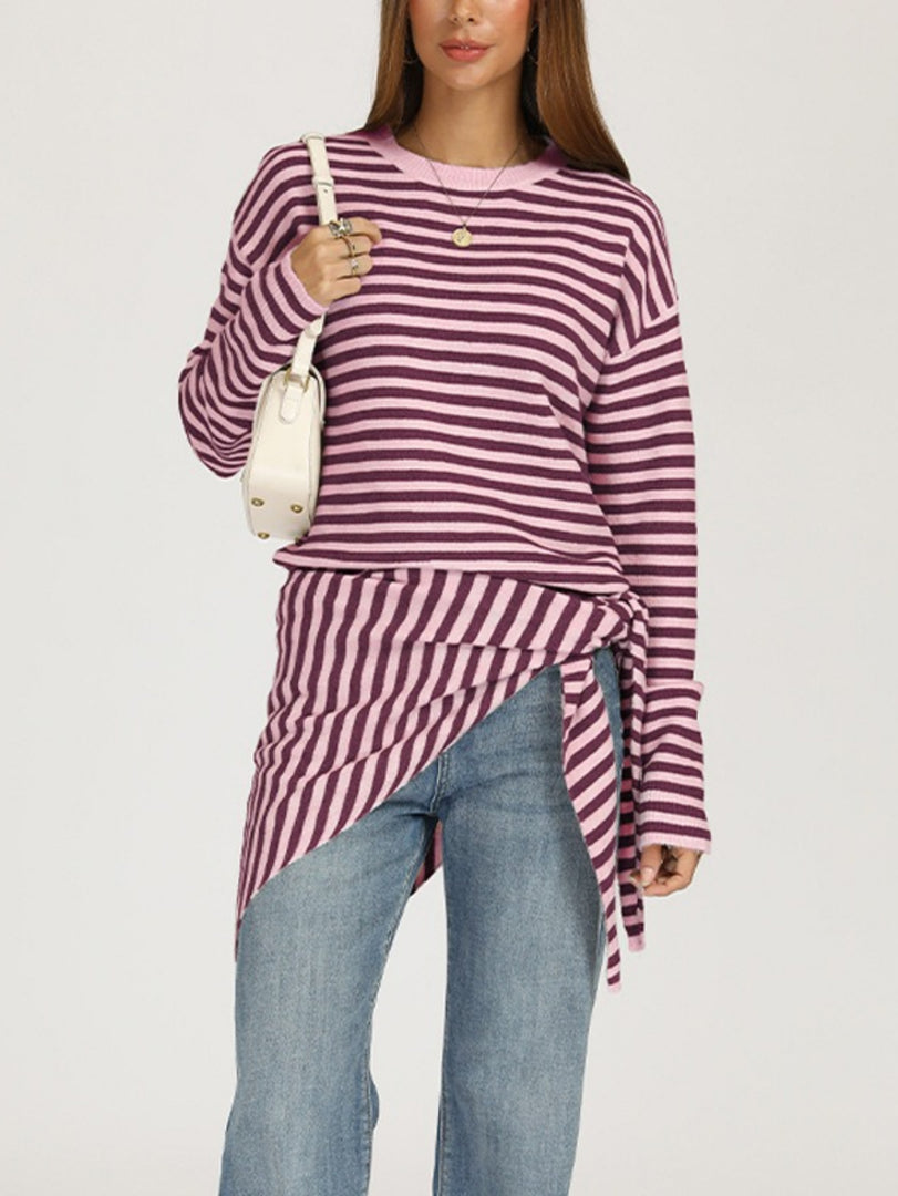 Striped Shawl Neck Round Neck Oversized Sweater Women N6H288