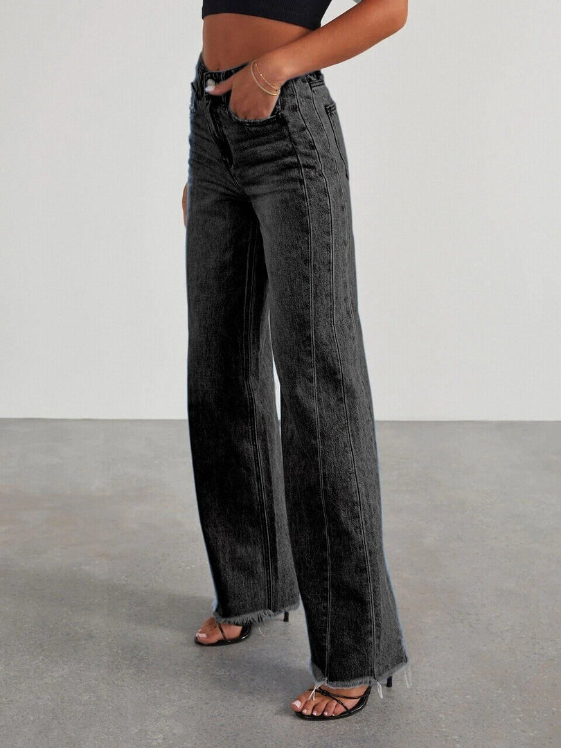 Loose Wide Leg Side Panel Raw Hem Jeans Women N6D154