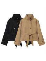 Load image into Gallery viewer, Solid Stand Collar Belted Jacket Women Long Sleeve N6G165