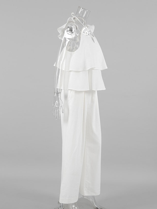White Linen Flutter Sleeve Top and Wide Leg Pants Set N6D111