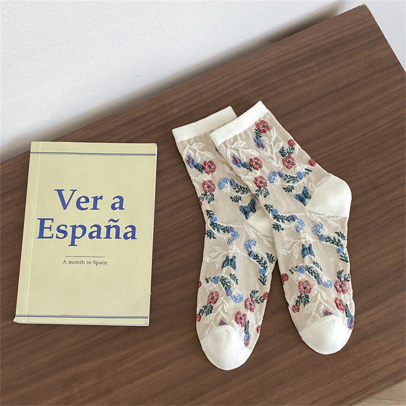 Botanical Print Cotton Mid Calf Socks  M5A070