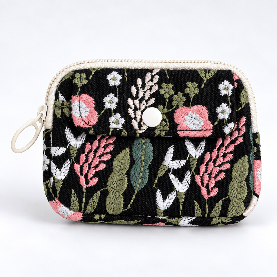 Floral Embroidered Cotton Linen Double Layer Coin Purse N6J270