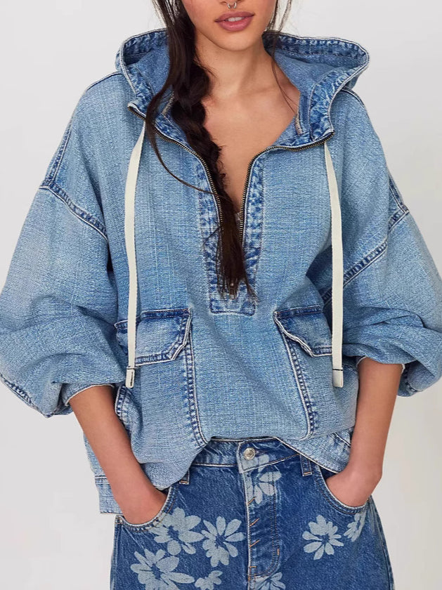 Washed Denim Hooded Jacket Relaxed Mid Weight N5Z297