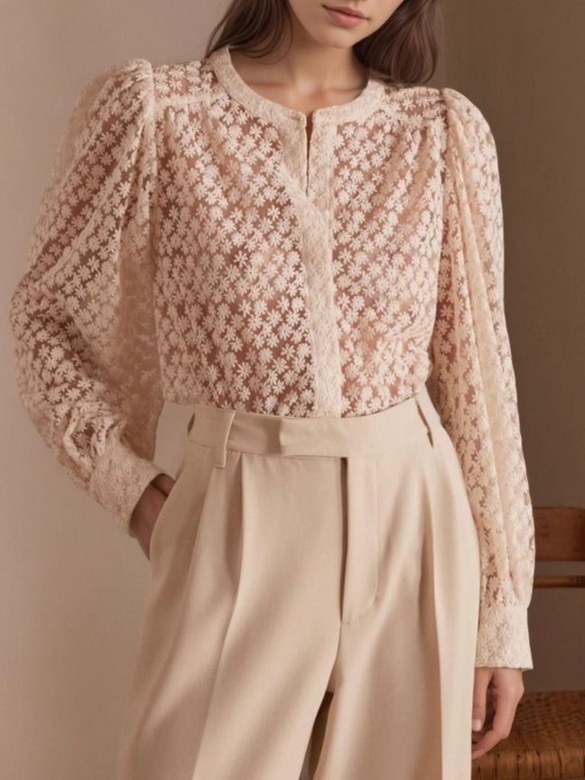 Elegant Floral Lace Blouse Women Round Neck N6D097