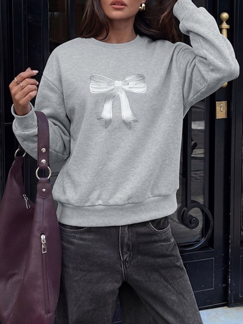 Casual Round Neck Bow Detail Loose Sweatshirt Women N6H295