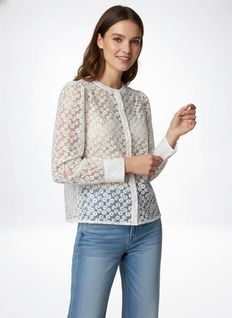 Elegant Floral Lace Blouse Women Round Neck N6C092