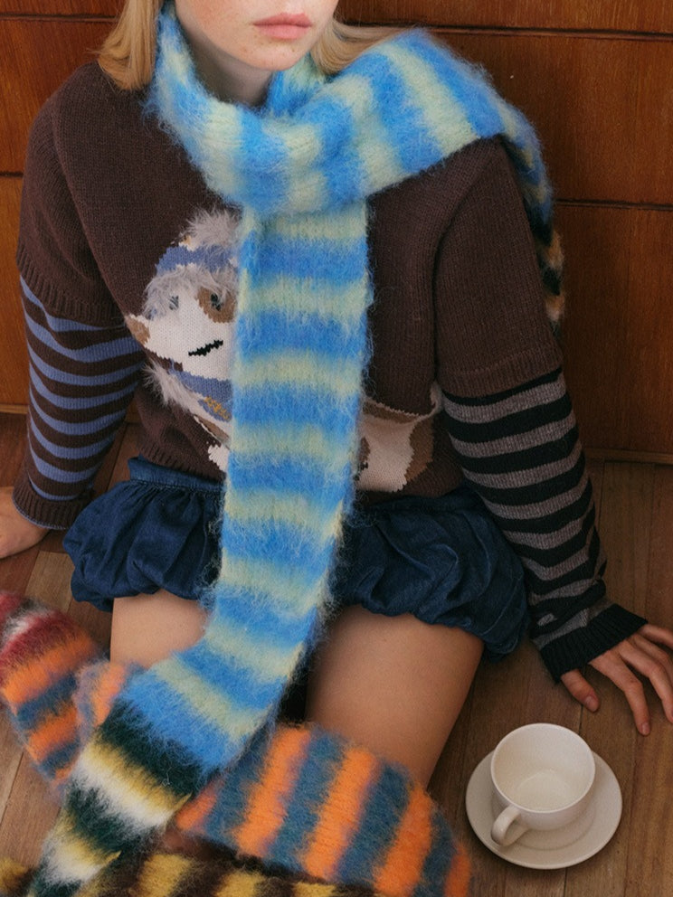 Contrast Stripe Narrow Knit Scarf  M5A093