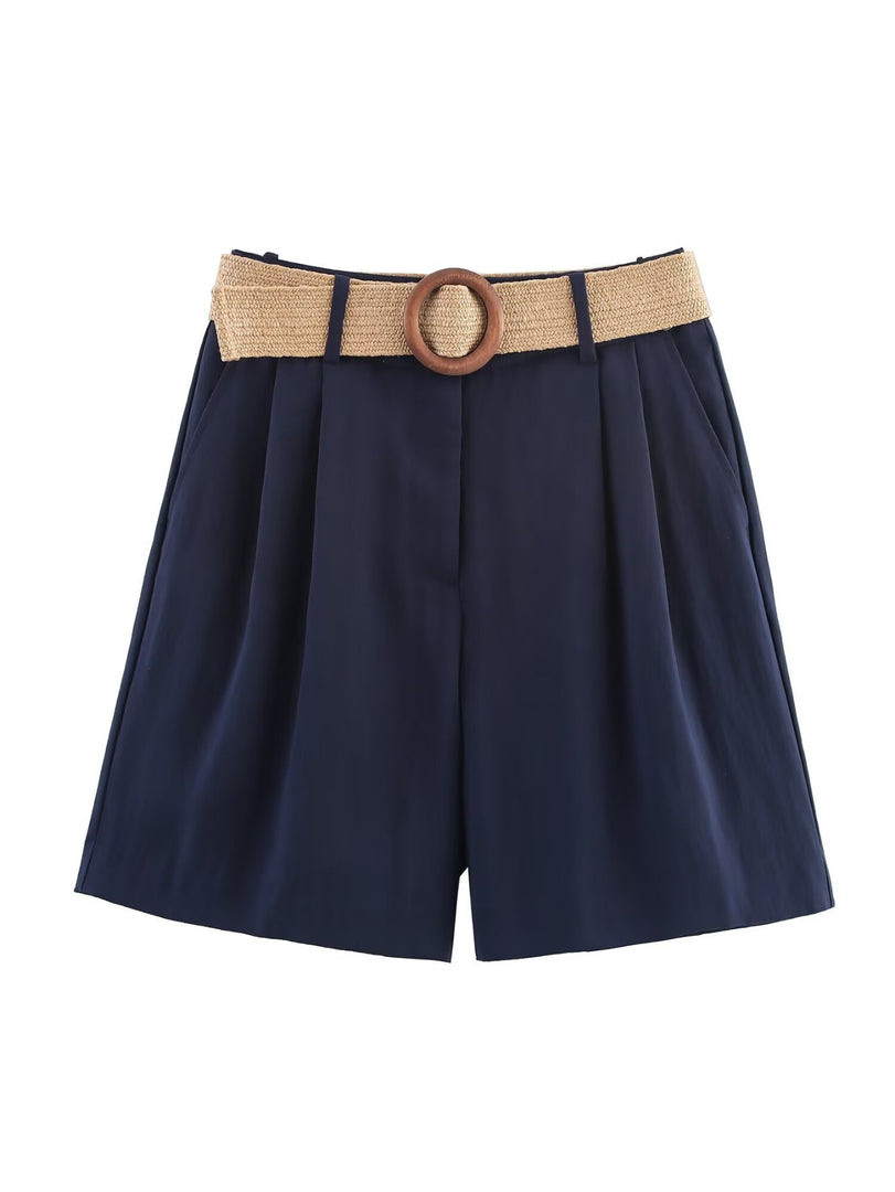 Belted Straight Leg Casual Shorts Women N6F014