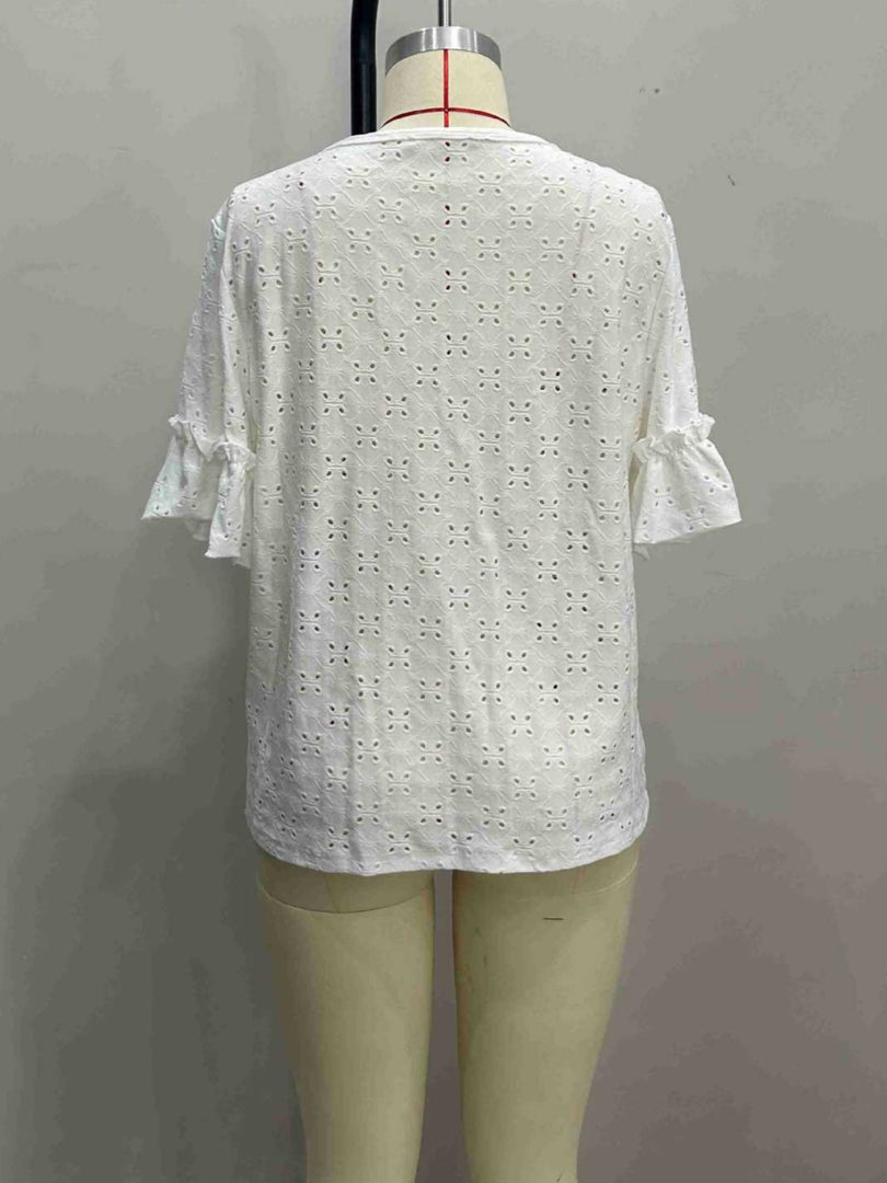 Knit Embroidered Cutout V-Neck Ruffle Top N6F194