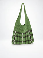 Load image into Gallery viewer, Gingham Openwork Knit Tote Bag Vintage Women N6C059