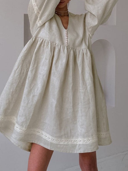 French V neck Lantern Sleeve Linen Blend Dress Women N6C208