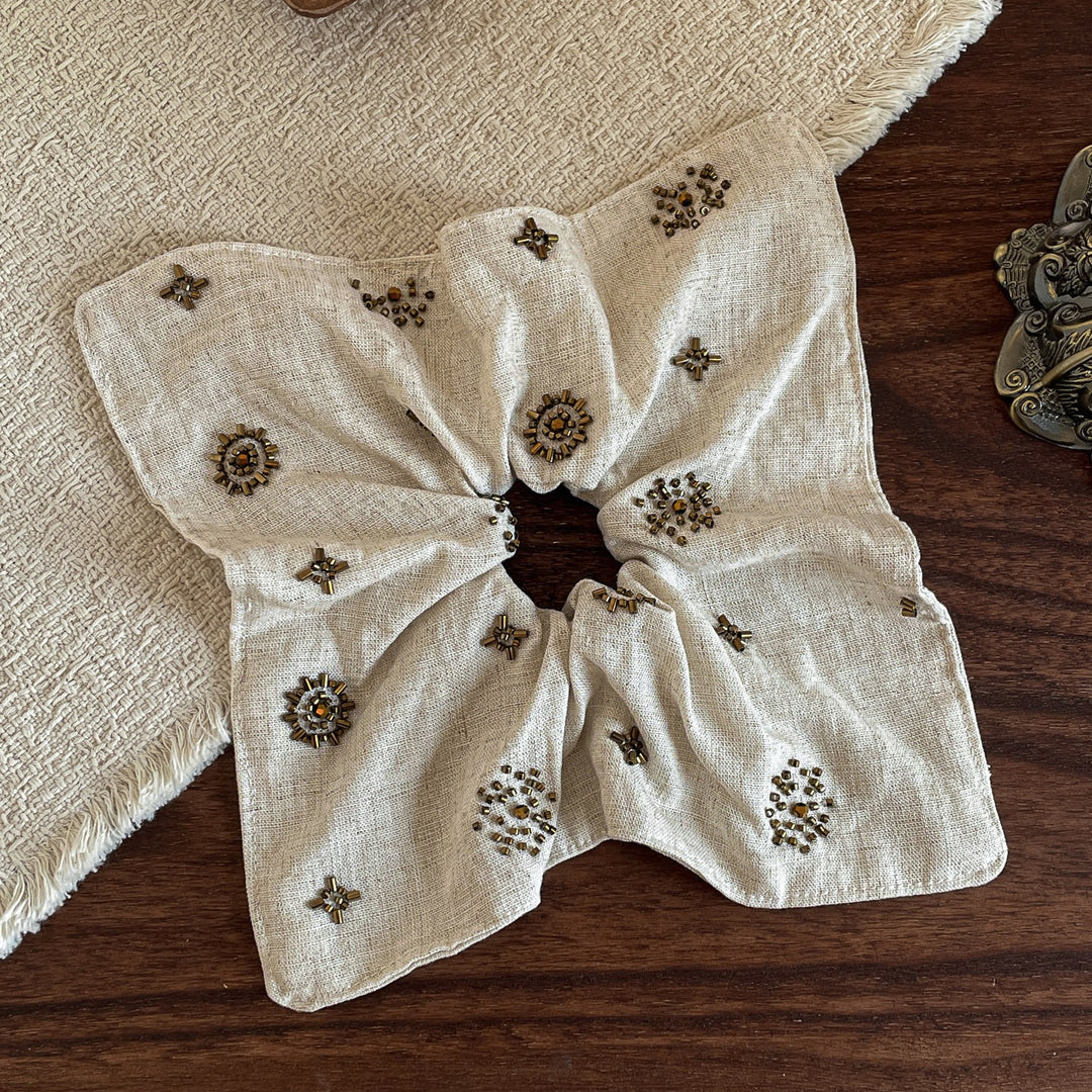Linen Handmade Sequin Beaded Square Scrunchie N6F139