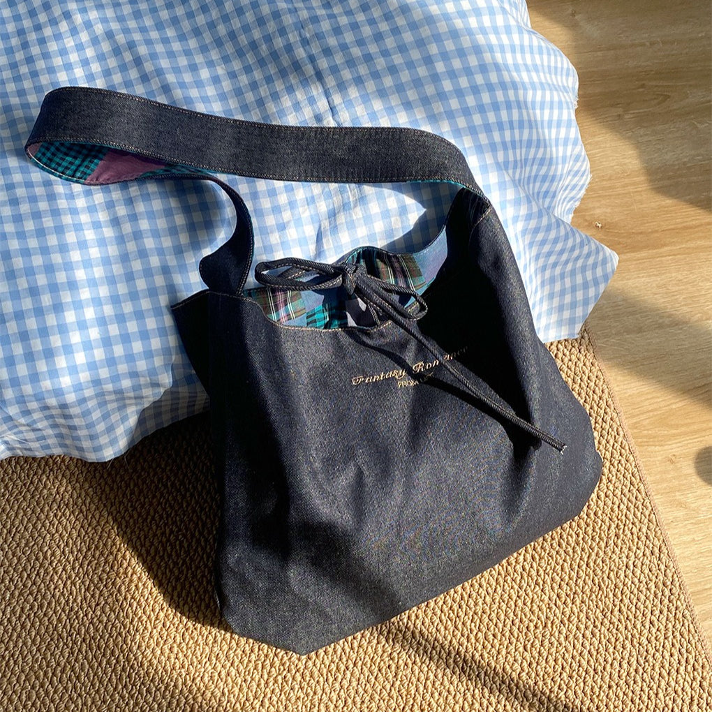 Women's Plaid Denim Tie-Closure Tote Bag N6J203