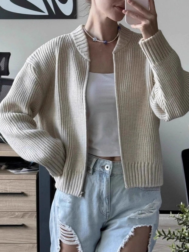 Simple Double Zip Round Neck Knit Cardigan Women N6G259