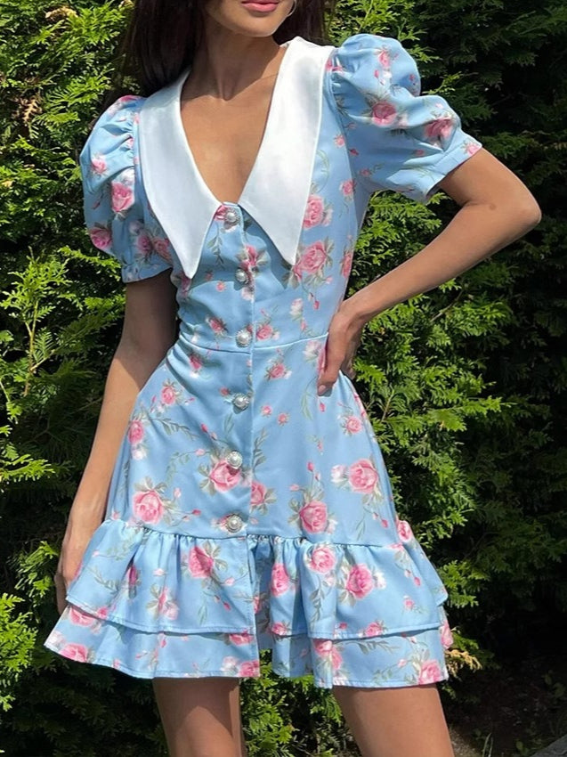 French V-neck Puff Sleeve Print Dress Women N6D072
