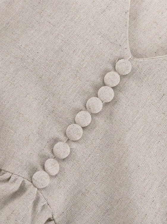 French V neck Lantern Sleeve Linen Blend Dress Women N6C208