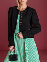 Load image into Gallery viewer, Tweed Gold Button Cardigan Cropped Mid Heavy Black N5Z579