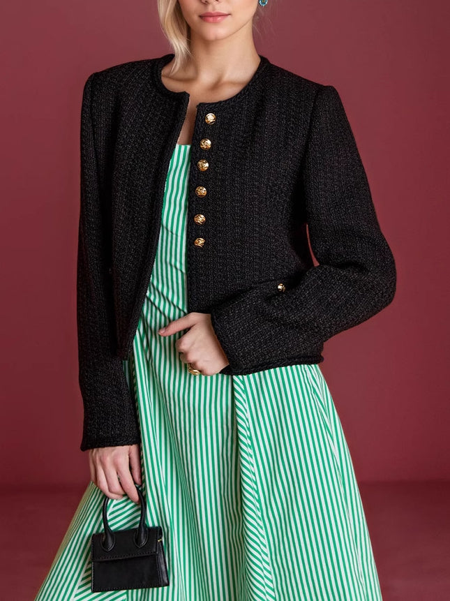 Tweed Gold Button Cardigan Cropped Mid Heavy Black N5Z579