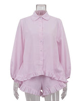 Load image into Gallery viewer, Striped Puff Sleeve Lapel Shirt and Shorts Set Women N6C188
