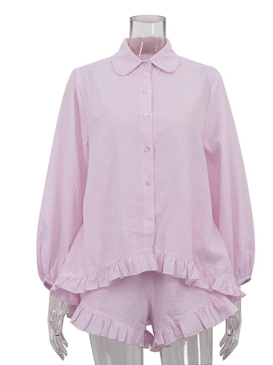 Striped Puff Sleeve Lapel Shirt and Shorts Set Women N6C188