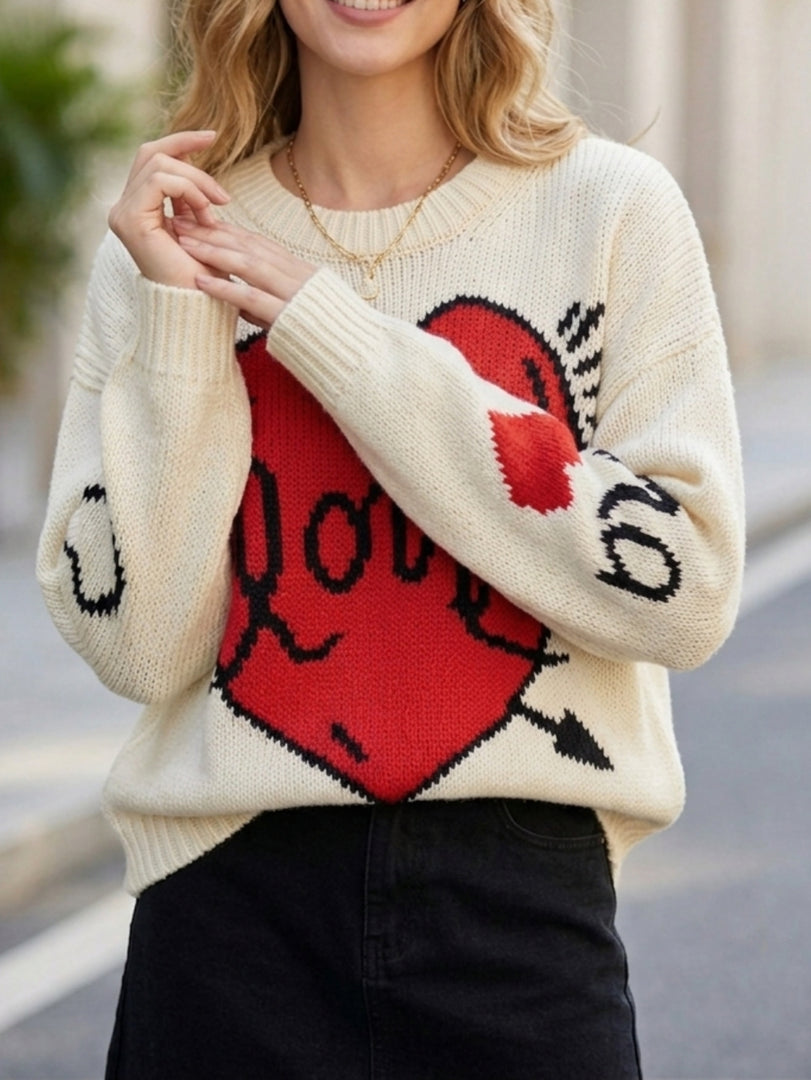 Heart Print Long Sleeve Round Neck Loose Knit Sweater N6H302
