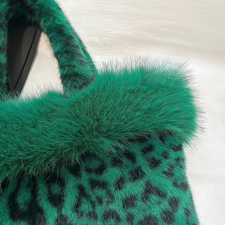 Women's Plush Leopard Print Bucket Handbag N6J174