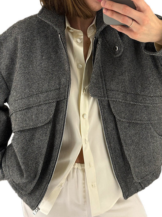Herringbone Stand Collar Jacket Women N5A353