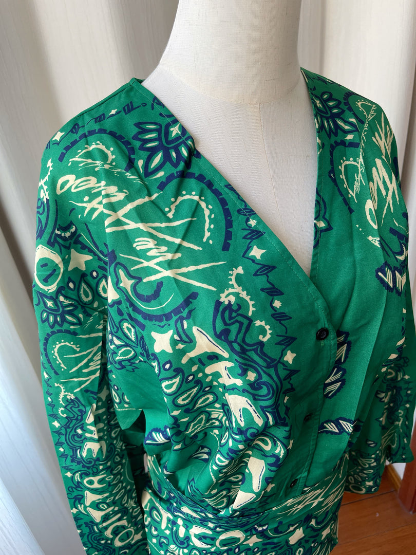 Green Paisley V-Neck Bell Sleeve Dress N6F258